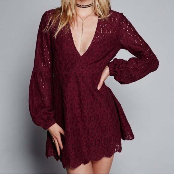 Free People Maroon Lace Long Sleeve Mini Dress Size 4 - Picture 1 of 8
